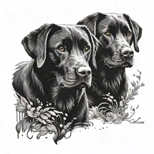 2 black labrador retrievers. following each other walking tattoo design idea