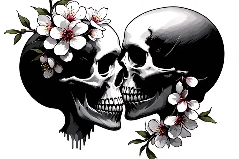 skulls kissing each other with cherry blossoms tattoo design idea