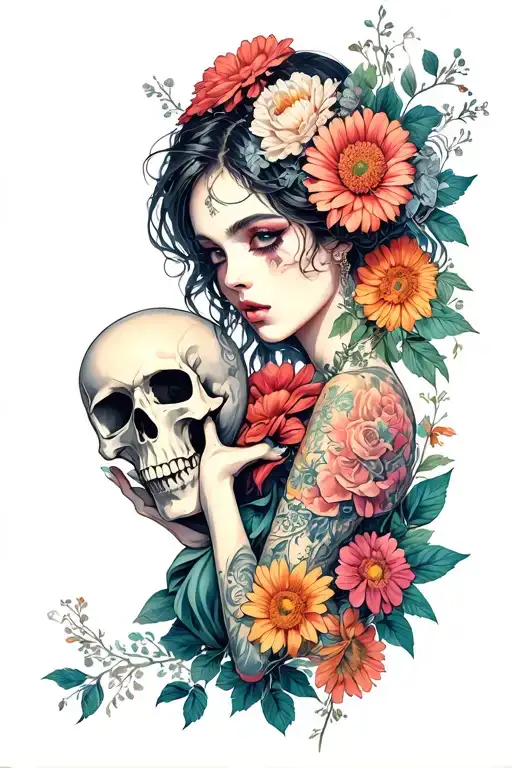 woman with flowers and a skull in her hand tattoo design idea