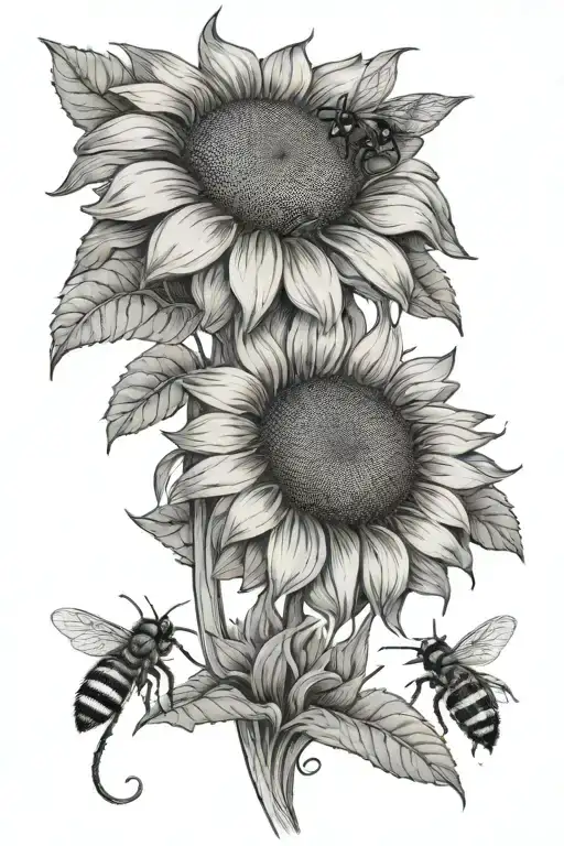 front facing sunflower with 2 small bees on the petals tattoo design idea