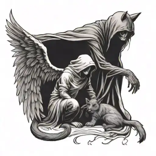 black cat with angel wings, holding hands with the grim reaper tattoo design idea