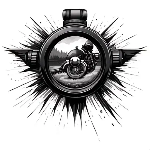 Tattoo realistic, sniper scope, black and white, with motorcycle tattoo design idea