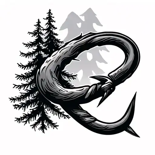 arm band of fishing hook intertwined with pine trees tattoo design idea