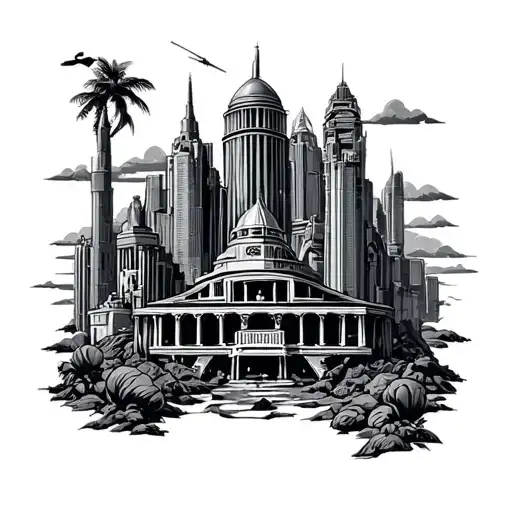 Design a tattoo featuring famous movie locations in a black and grey style, with subtle nods to Star Wars and Indiana Jones tattoo design idea