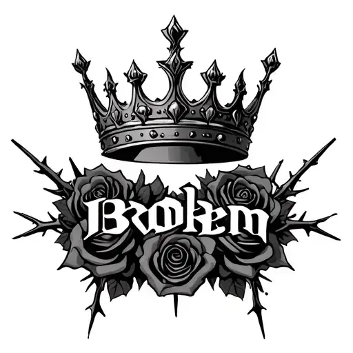 broken king crown surrounded with roses and thorns spelling broken intertwined in the roses and thorns tattoo design idea