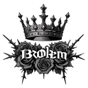 broken king crown surrounded with roses and thorns spelling broken intertwined in the roses and thorns tattoo design idea