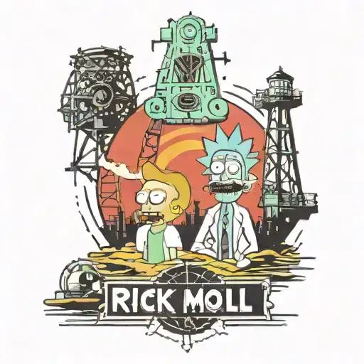 Rick and Morty look surprised at an oil well with a lukoil logo on it. tattoo design idea
