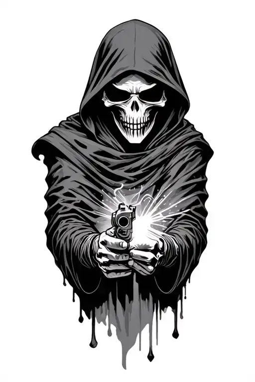 grim reaper holding gun shooting tattoo design idea