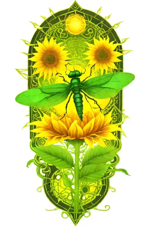 celtic dragonfly landing on a sunflower tattoo design idea