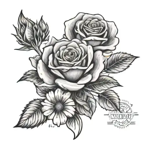 A black and grey tattoo of a rose and daisy bouquet with a passport stamp from Dublin tattoo design idea