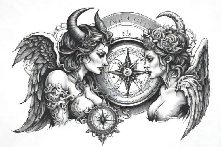 Devil and Angel woman with halo looking at each other holding a compass   tattoo design idea