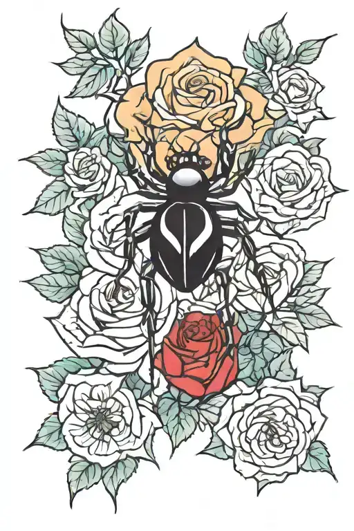 roses and black widow spider tattoo design idea