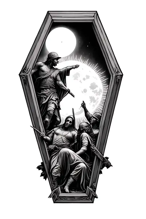 coffin, fallen soldiers fighting alongside Sun and Moon tattoo design idea