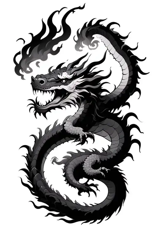 Black And Gray chinese dragon breathing fire tattoo design idea