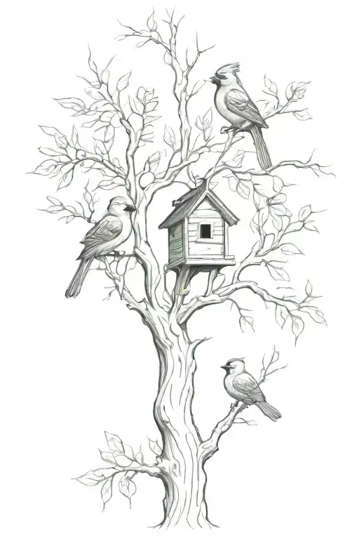 full willow tree with two cardinals and a bird house tattoo design idea