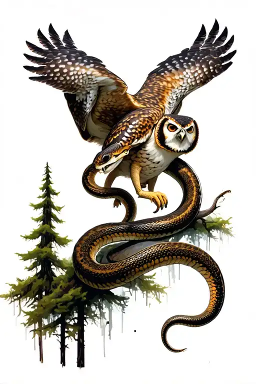 A owl holding a snake fighting back and cypress trees boarding half the image. tattoo design idea
