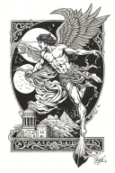 icarus falling from the sky in front of tower Greek vase  tattoo design idea