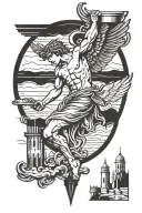 icarus falling from the sky in front of tower Greek vase  tattoo design idea