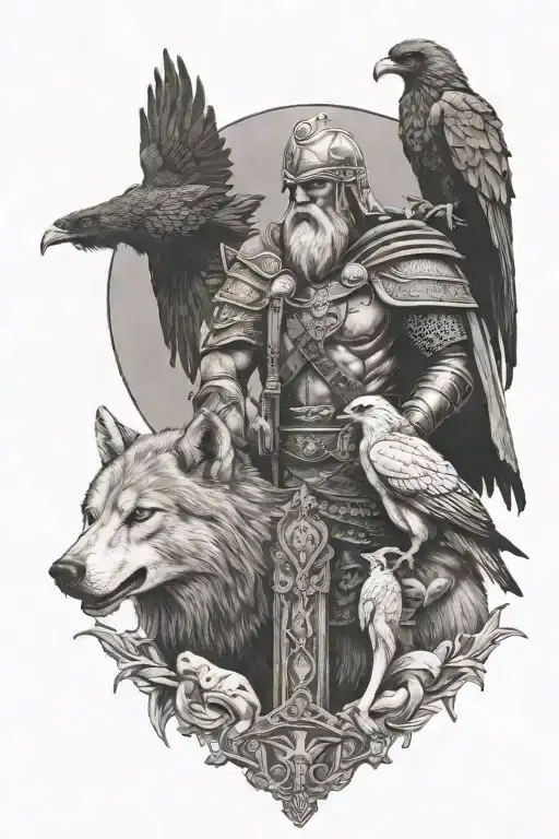 ares and his vultures, mars and his wolves, odin and his ravens tattoo design idea