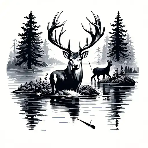 Hunting scene deer, fishing scene tattoo design idea