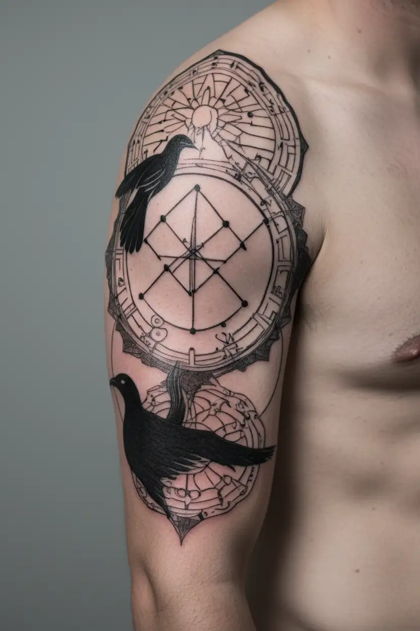 Incorporate hindu symbols, a quill pen, book and musical notes intertwined mandala tattoo design idea