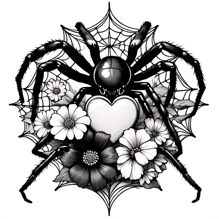 A black widow spider with a heart on the abdomen instead of the hourglass with spider webs, morning glories, and asters tattoo design idea