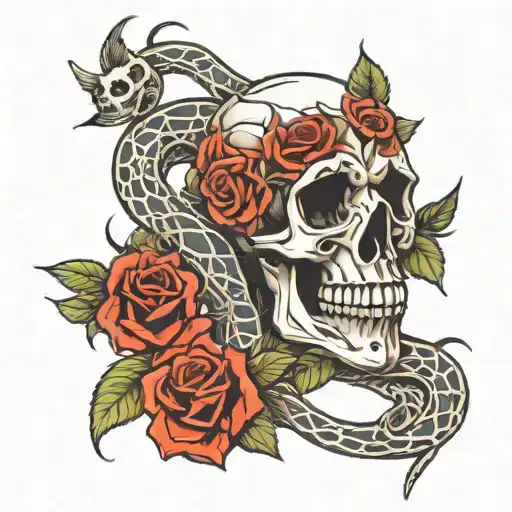 skulls roses snakes wrapped tattoo design idea