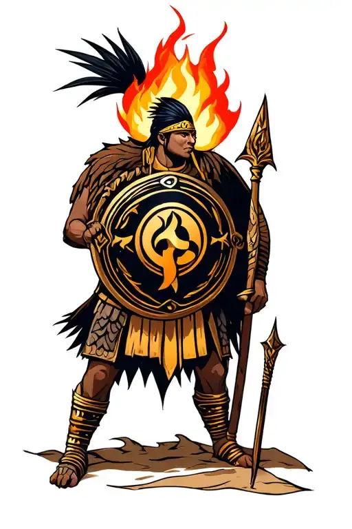 Generate an asante warrior  have a Eban symbol on the shield of the warrior. Add fire and symbolism relat tattoo design idea