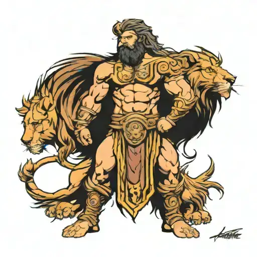 Design Concept:  Main Figures: At the center, Hercules stands in a heroic, powerful stance, wearing the lion's pelt drap tattoo design idea