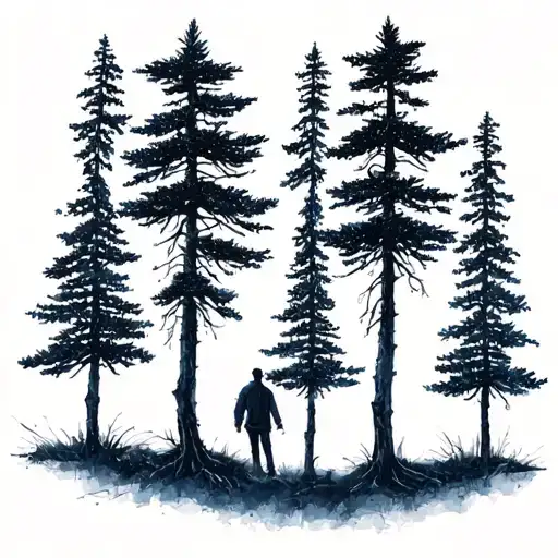 4 pine trees and a man and woman waiting over them tattoo design idea