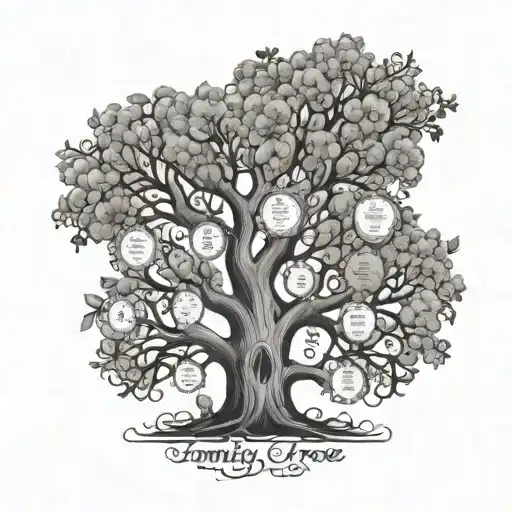 family tree with the names Kaylee, Kingston, Brittany, Amber, Elli, Kayla, Jayden, Samantha, Asher, Ari, Kali, Beckie tattoo design idea