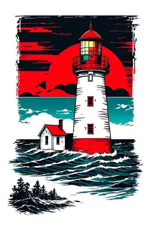 Lighthouse red and white with argentinian sun setting tattoo design idea