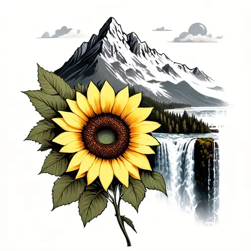 mountain waterfall and sunflower  tattoo design idea