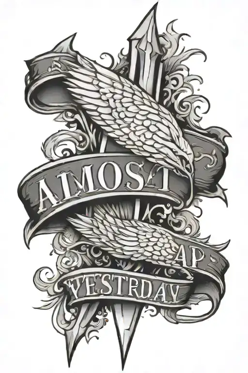 spear with text “Almost dead yesterday, maybe dead tomorrow, but alive, gloriously alive, today.” tattoo design idea