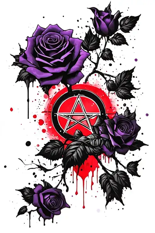 black rose vines with purple flowers branching off of a heartagram symbol tattoo design idea