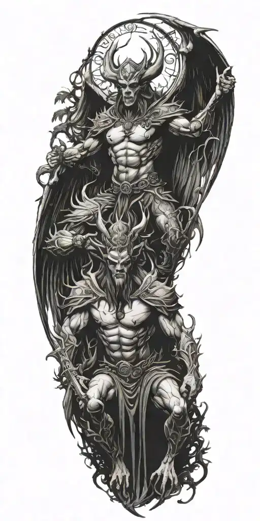 demon king cutting off his wings in the woods  during dark night  tattoo design idea