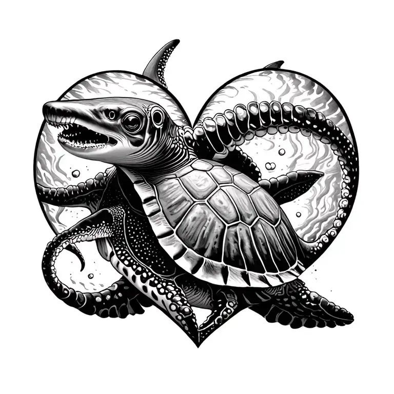 whale shark swimming octopus wrapped turtle swimming in the shape of a heart tattoo design idea