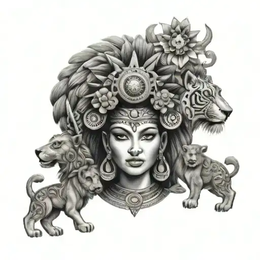 Mexican Aztec goddess with lions and baby angels tattoo design idea