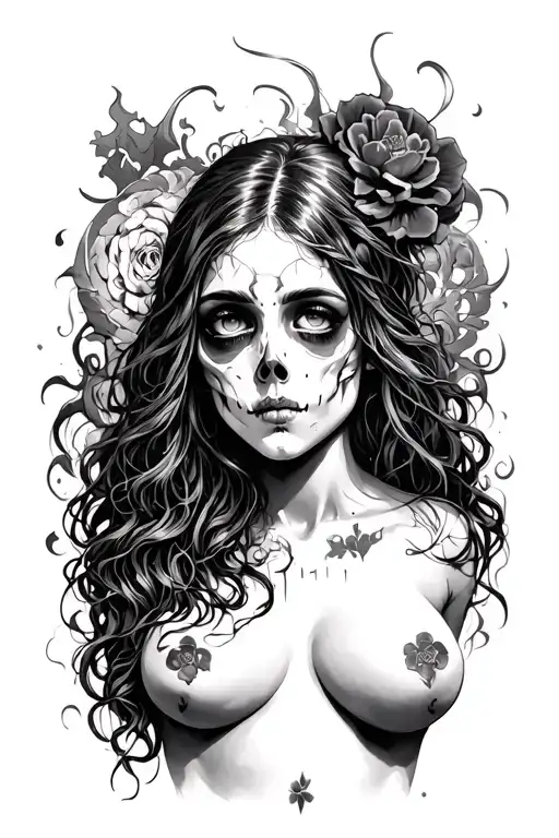 Girl with naked breasts in the image of death tattoo design idea