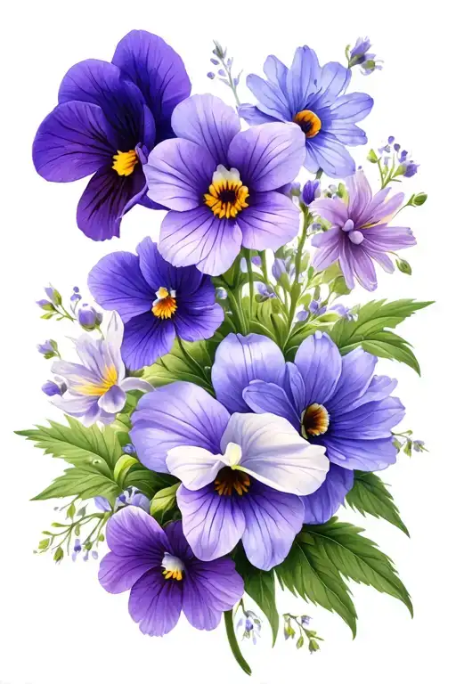 violets, primroses, asters calli lilies flowers intertwined tattoo design idea