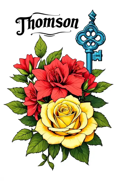red rhododendron with a  yellow rose, the name Thomson and a blue key tattoo design idea