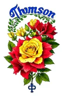 red rhododendron with a  yellow rose, the name Thomson and a blue key tattoo design idea