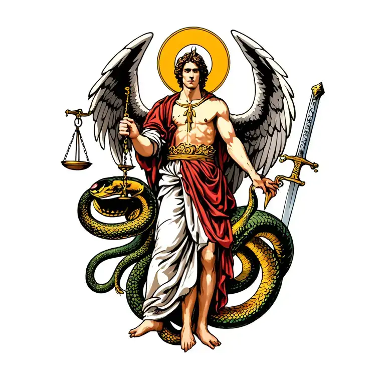 saint Michael the archangel carrying scales of justice and a sword killing a snake tattoo design idea
