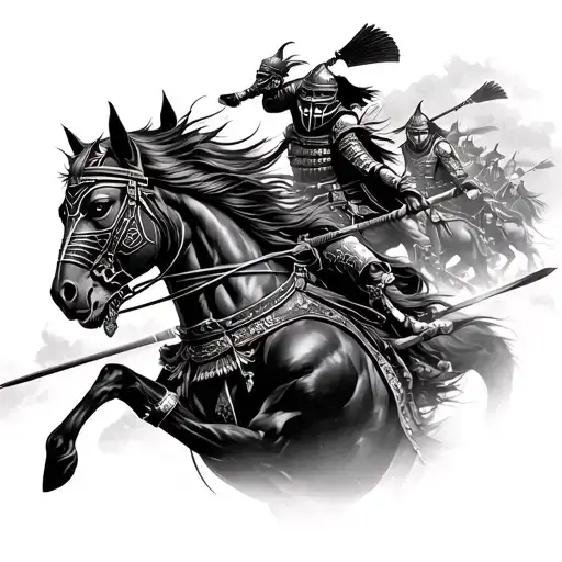 samurai face with mask and battle of samurai on horses tattoo design idea