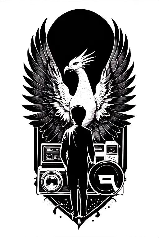 Minimalist line tattoo phoenix  bird open his wings and center one boy standing and mix with music camera and liber sign tattoo design idea