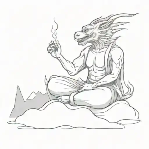 A dragon with the body of a man sitting in the pose of a Buddha and showing his palm on the top of a mountain, and aroun tattoo design idea