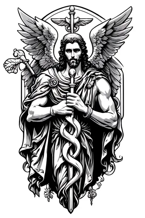 st Raphael holding caduceus staff symbol tattoo design idea