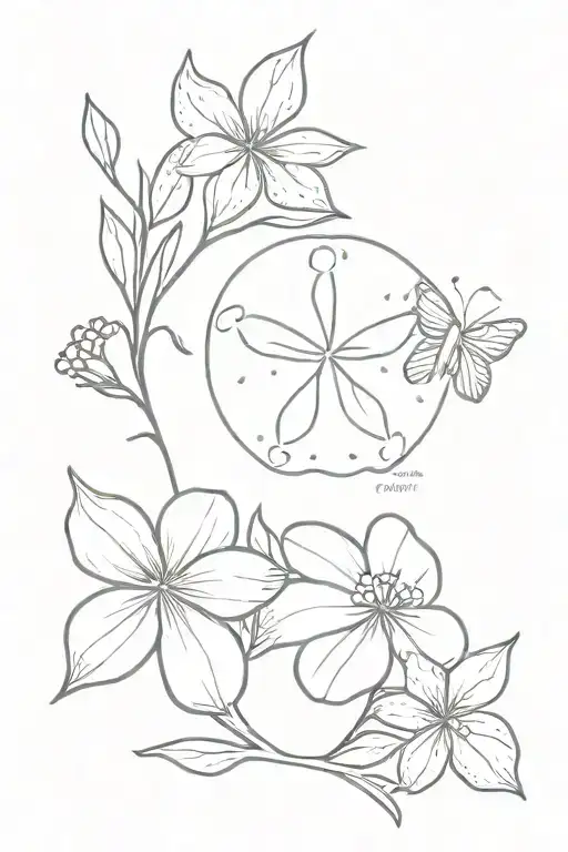 2 sand dollar, hydrangeas, honey suckles, dove, pretty, sparkly tattoo design idea