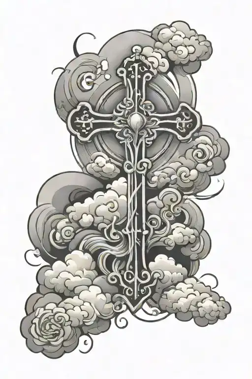 cross and clouds surrounding tattoo design idea
