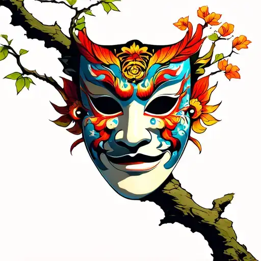 Half of Hann's mask lies on a branch of a tree growing from a stone. Colorfull tattoo tattoo design idea